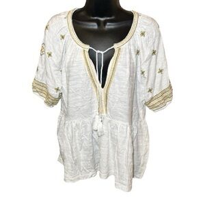 Lucky Brand Women's White Oversized Embroidered Peasant Blouse with Gold Trim